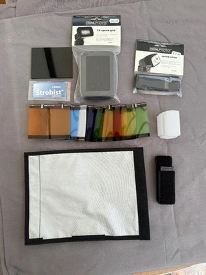 Complete Strobies Flash Kit With Light Modifiers Snoot Grid Strap StoFen OmniBou - Image 1 of 4