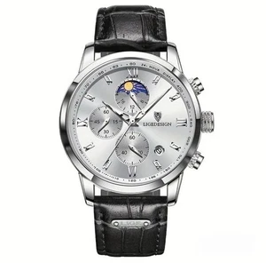 ⚫️ - Orologio Lige Quarzo Cronografo Uomo Cinturino Pelle Elegante Nero - Foto 1 di 5