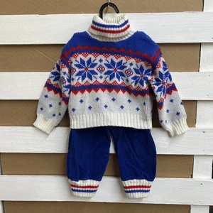 Vintage Baby Fair Isle Knit Sweater and Corduroy Pants Set Size 2 - Picture 1 of 8