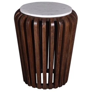 19 in. Round Brown Acacia Wood End Table w/ Marble Top Living Room Side Table - Picture 1 of 5