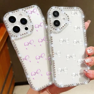 Phone Case For iPhone 16 17 Pro Max 15 14 13 12 11 Bow Clear TPU Diamond Cover - Picture 1 of 19