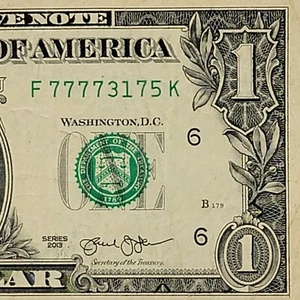 Five of A Kind 7s Fancy Serial Number One Dollar Bill F77773175 DC Quad 7s 2013 - Picture 1 of 8