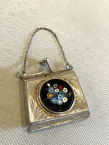 Vintage Sterling Silver and Millefiori Purse Shaped Pill Box with Chain Cover