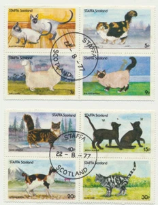 GATOS Y GATITOS Juego Completo de 8 Coloridos Tópicos para Gatos Staffa - Escocia 1977 - Imagen 1 de 1