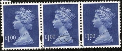 QE II 1995 £1 Bluish Violet 2 Bands Iriodin Ink SG Y1743 VFU Strip 3 Ex My Coln - Image 1 of 2