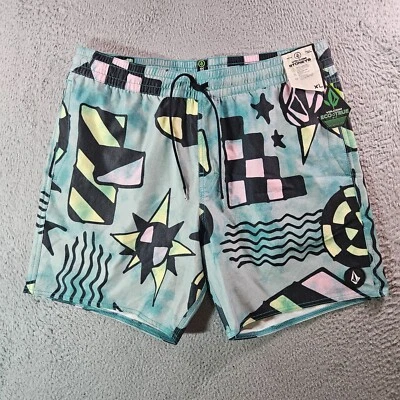 NWT Volcom Stoneys Board Shorts Swim Trunks Men XL Geometric Green Black - Image 1 of 4