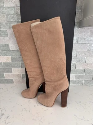 Brian Atwood Slide On Knee High Platform Boots Size 36.5/6.5 Nude Suede - Image 1 of 4