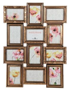 Multi Aperture Photo Picture Frame Collage Holds 12 6''X4'' Photos Antique Gold