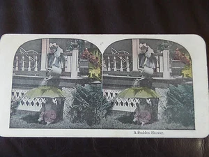c. 1895 FARBE 3D STEREOGRAPH/STEREOGRAMM FOTOKARTE "EINE PLÖTZLICHE DUSCHE" - Bild 1 von 1