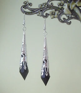 Black Faceted Teardrop Silver Filigree Gothic Drop Earrings in Gift Bag - Picture 1 of 5