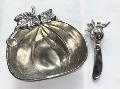Pumpkin Nickel Plated Cast Aluminum Dip Dish and Spreader Set/2 NIB Made/India  - Image 1 of 4