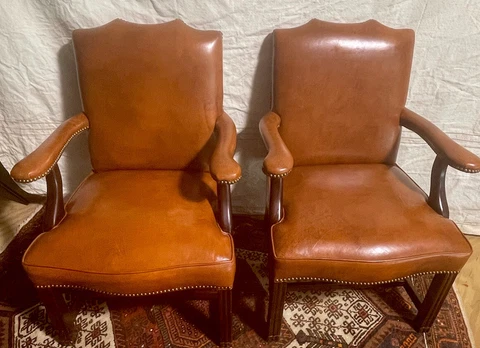 Vintage Leather Club Chairs Nailhead Trim Office Furniture Chippendale Style Cover