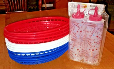  Retro 12 cestas de plato ovalado de picnic rojo y azul con botella exprimidora Farberware. Foto 1 de 4