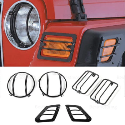 6PCS Euro Black Head Lights Trim + Turn Signal Cover Guard For Jeep Wrangler TJ - Изображение 1 из 4