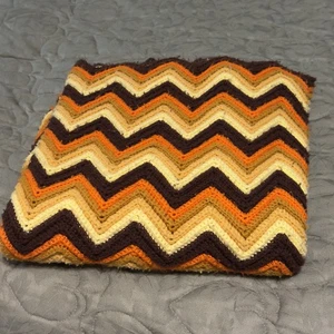 VTG Handmade Afghan Throw Blanket Zigzag Chevron Crochet Halloween Pumpkin Fall - Picture 1 of 7