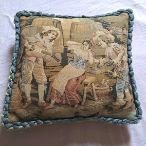 Vintage Antique Aubusson Stye Tapestry Pillow Small 9" Musician Serenading Lady - Picture 1 of 6