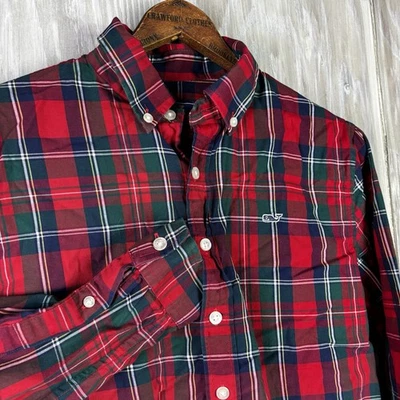 Vineyard Vines Shirt Youth Large Red Green Plaid Whale Shirt Button Down Boys 16 - Image 1 of 4