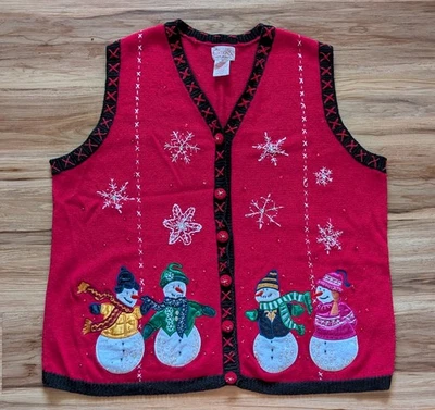 Chaleco Suéter Navidad Tejido Vintage Mujeres 3X Muñeco de Nieve Copo de Nieve Vacaciones Grannycor Foto 1 de 4