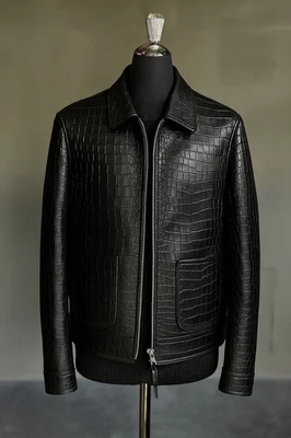 Men's Luxury Black Real Leather Jacket Croco Embossed Print Luxury Bomber Jacket - Image 1 of 4
