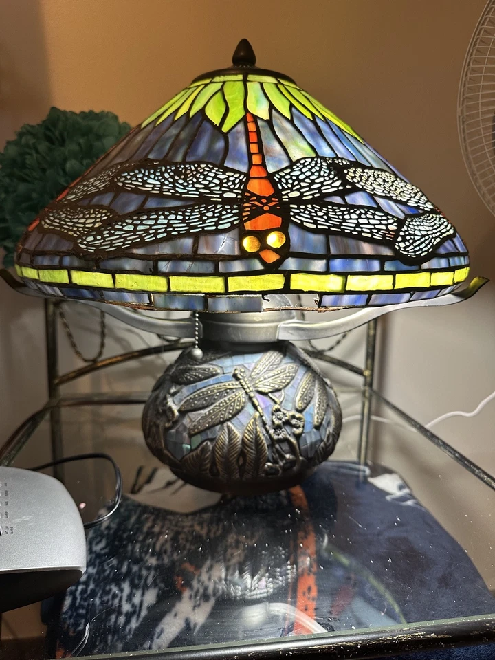 Tiffany Style Deep Blue Dragonfly Stained Glass Table Lamp Elegant Mosaic Base - Image 1 of 1