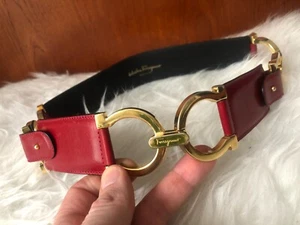 SALVATORE FERRAGAMO WOMEN'S RED GENUINE LEATHER DOUBLE GANCINI BELT 29" - Picture 1 of 16