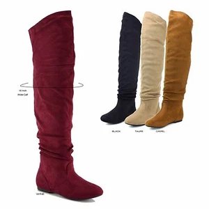 NEW Women Faux Suede Over The Knee High Wide Calf Pull On Slouch Flat Heel Boot - Picture 1 of 6