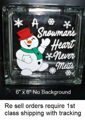 HOLIDAYDECALS4U A Snowman's Heart never melts decal sticker for DIY 8" glass block