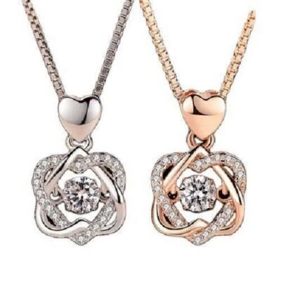 Ladies Rose Gold Silver  Heart Pendant Chain Necklace Womens Jewelry Gift - Image 1 of 3