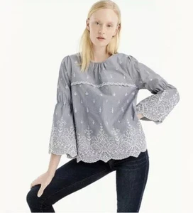 J Crew Women’s Bell Sleeve Embroidered Blouse In Striped Poplin Blue White PL - Picture 1 of 11