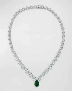 23CT Pear Cut Simulated Green Emerald/CZ Tennis Necklace14k White Gold-Plated SS - Picture 1 of 4