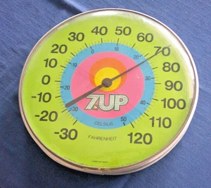 Vtg 7UP Metal Thermometer JUMBO DIAL Bubble Glass Soda Advertising Celsius / Fah - Picture 1 of 8