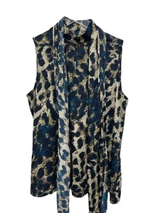 Queen Collection Sz Large Animal Print Blouse Sleeveless Top Front Tie Blue NEW - Picture 1 of 8