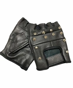 Genuine-Leather-Black-Leather-Fingerless-Mens-Studded-Gloves New - Picture 1 of 3