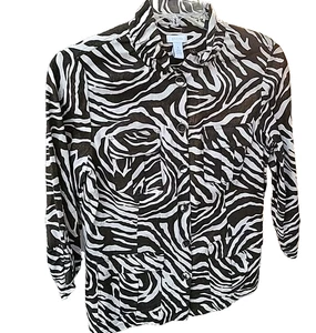 Chico’s Linen Blend Blouse Women’s Sz 1 Large Button Up Ruffled Top Animal Print - Picture 1 of 17