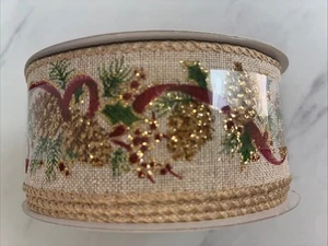 Celebrate It Christmas Noel Wire Edge Ribbon 1.5” X 30 Ft Brown Red Gold NEW - Picture 1 of 4