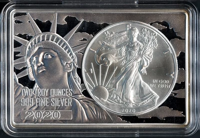2020 $1 Silver American Eagle moeda de 1 oz e barra de 2 oz 122923206.0 + bônus - Imagem 1 de 2