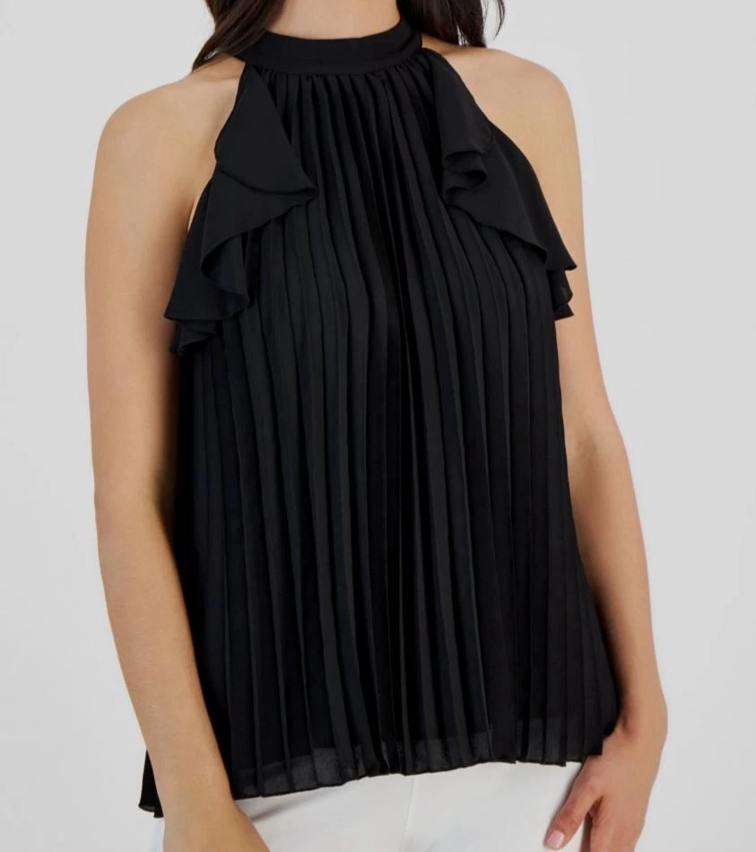 Tahari Women's Black Pleated Mock-Neck Sleeveless Blouse Top Size L