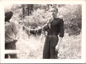 Vintage Photo Handsome Young Men Holding Up A Line Of Caught Fish Fishermen - Picture 1 of 2