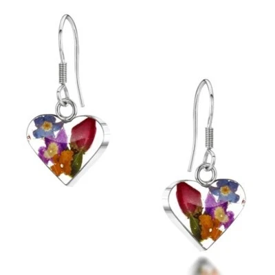 Pendientes colgantes de plata 925 maciza genuina mezclada con corazón de flor con brote de rosa rojo Foto 1 de 4