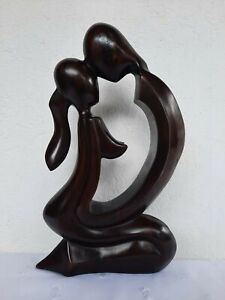 Hand Carved Wooden Kissing Lovers Abstract Sculpture Figurine 12 Inches Ornament