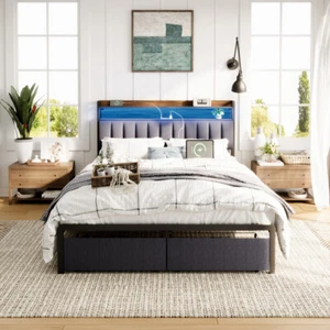 Full/Queen/King Size LED Upholstered Bed Frame with Drawers & Charging Station - Picture 1 of 30