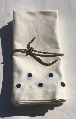 4 Pottery Barn Cream w/Blue Polka Dots Embroidered Cocktail Dinner Party - Image 1 of 4