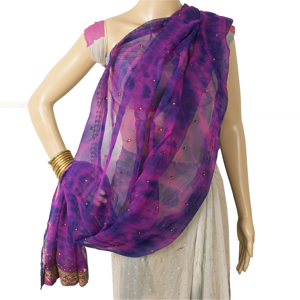 Sanskriti Vintage Largo Dupatta/Estola Pura Gasa Rosa y Azul Tie-Dye Bordado Foto 1 de 4