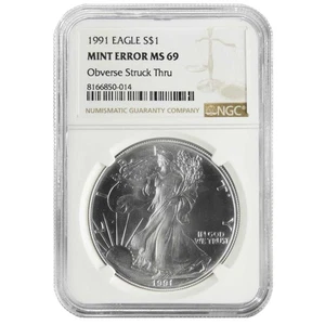 1991 $1 American Silver Eagle NGC MS69 Mint Error Obverse Strike Thru - Picture 1 of 2