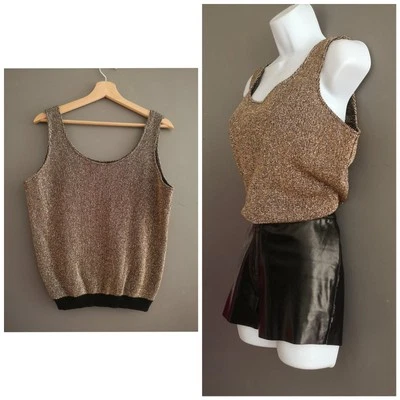 Vintage 70s 80s gold black Knit Sleeveless vest Jumper Tank Top 10 12 M disco - Image 1 of 4