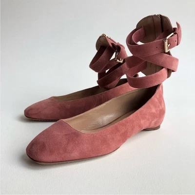 VALENTINO GARAVANI Gamuza Rosa Con Cordones Puntera Cuadrada Cremallera Trasera Ballet Pisos EU37 Foto 1 de 4