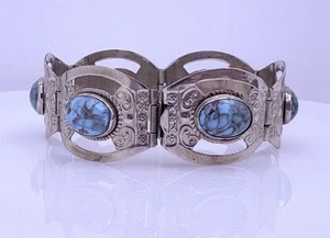 TMB Taxco Sterling Silver Turquoise Cab Wide Hand made Bracelet. - Picture 1 of 8