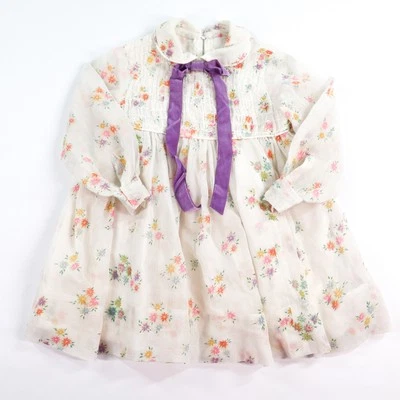 Vintage Flocked Dress Little Girl Pastel Floral Smocked Bodice 1970s Semi Sheer - Image 1 of 4