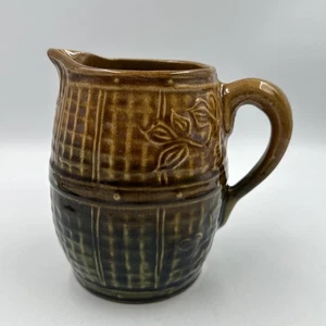 Antique Majolica Pitcher Basket Weave Cross Hatch Barrel Jug Brown & Green - Picture 1 of 14