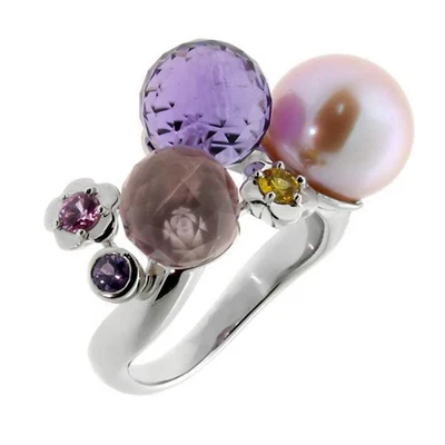 Chanel Camellia Gemstone Pearl 18k White Gold Cocktail Band Ring Sz 5 1/2 - Image 1 of 3